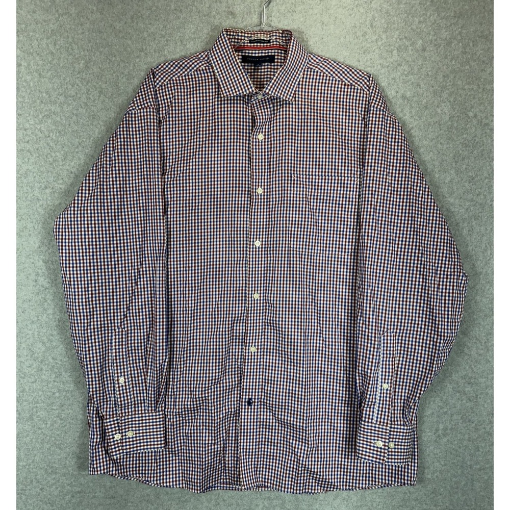 Tommy Hilfiger Shirt Mens 17 34-35 Red Blue Check Plaid Button Up Non Iron